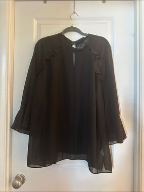 Eloquii Black Ruffle Keyhole Sheer Chiffon Blouse